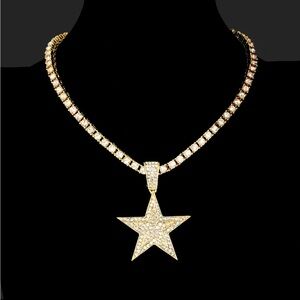 ICED OUT 20” YELLOW GOLD GP TENNIS NECKCHAIN FIVE STAR PAVE PENDANT NEW!!